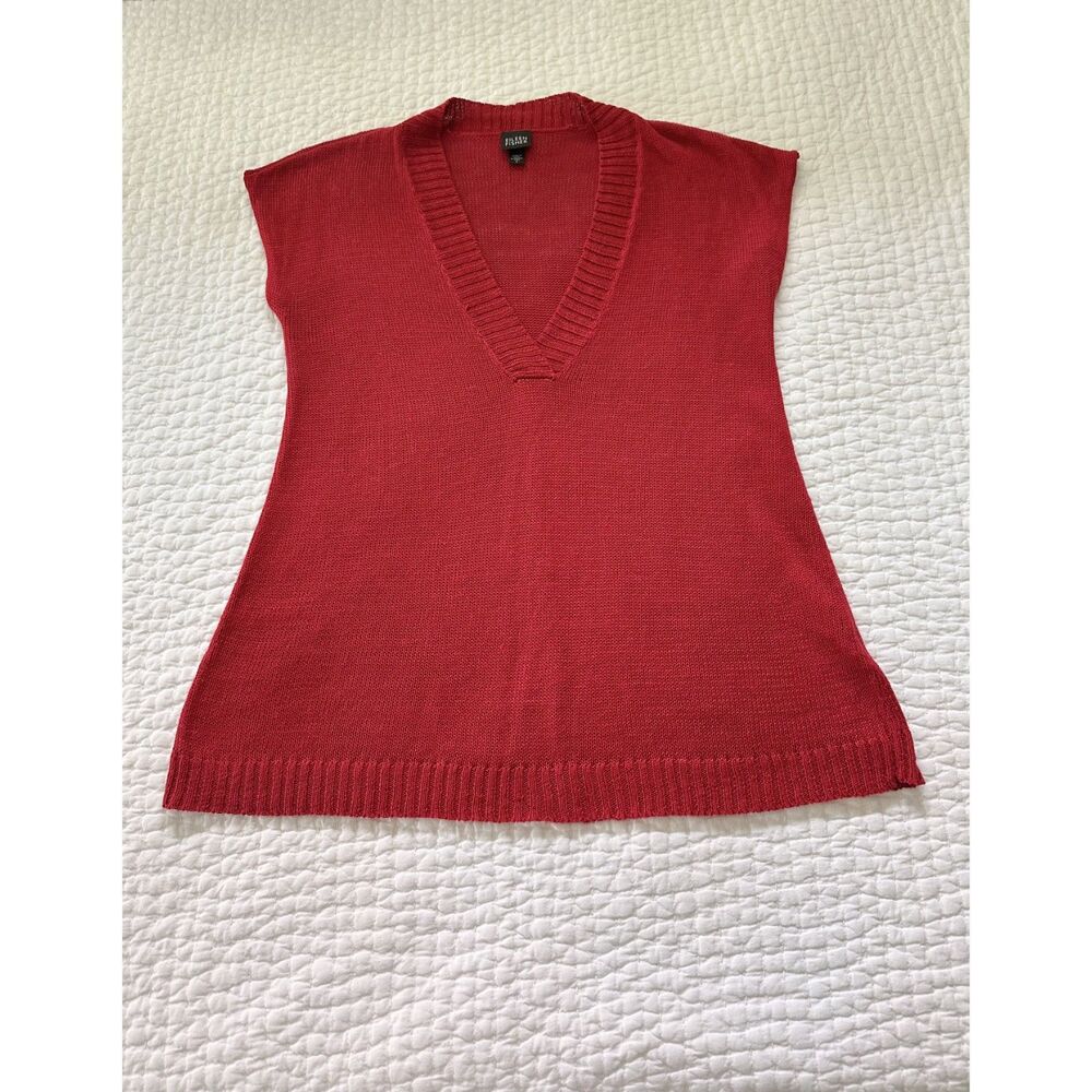 Eileen Fisher 100% Hemp Knit Sweater Vest Red V Neck Sleeveless Size S Lagenlook